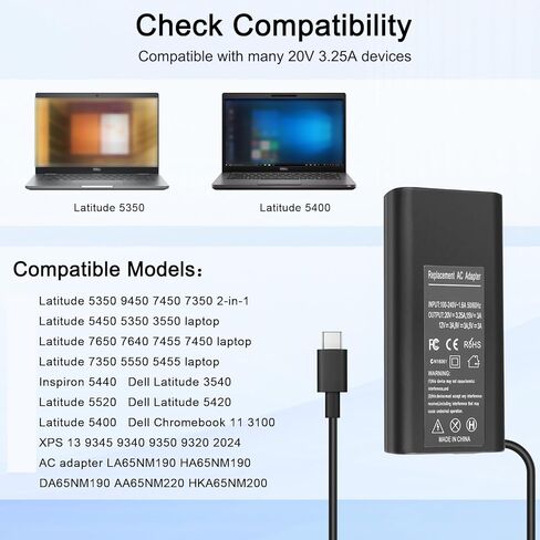 65W USB Type C Charger Compatible with Dell Pro 14 PC14250 16 PC16250 / 14 16 Plus/Max 14 MC14250 16 MC16250/ 13 14 Premium PA13250 PA14250/ Rugged 13 RA13250 14 RB14250 Laptop in Saudi Arabia