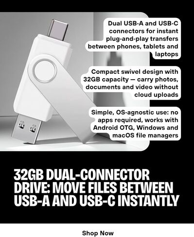 محرك أقراص فلاش USB من النوع C OTG بسعة 32 جيجابايت لهواتف Android، أبيض، تصميم دوار، واجهة مزدوجة USB ونوع C in Kuwait