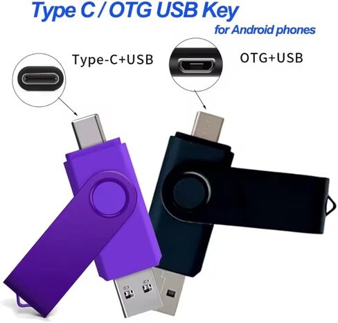 محرك أقراص فلاش USB من النوع C OTG بسعة 32 جيجابايت لهواتف Android، أبيض، تصميم دوار، واجهة مزدوجة USB ونوع C in Kuwait