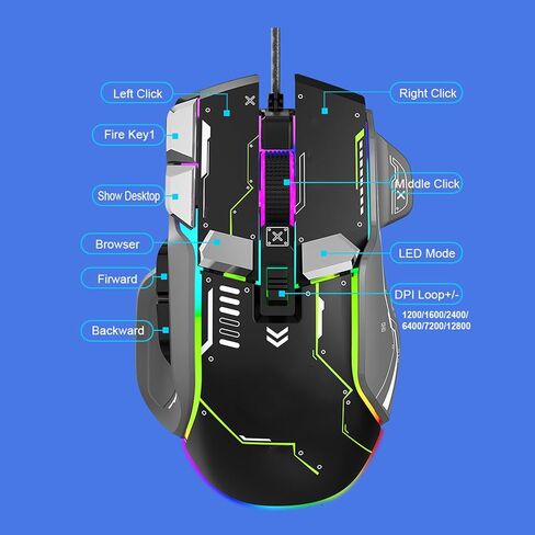 Zunate Gaming Mouse, 11 Buttons RGB Light 1200 1600 2000 2400 4000 DPI with Silent Design for 7 8 10, OS X in Saudi Arabia