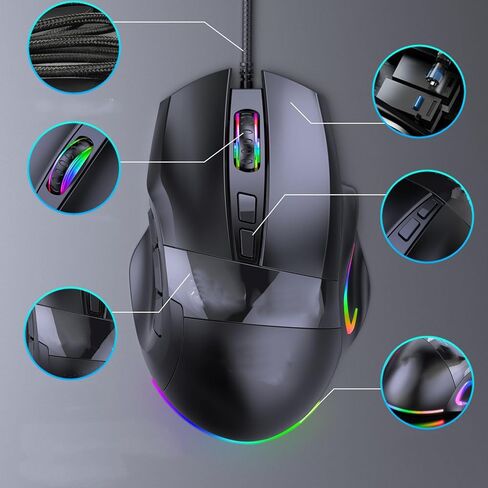 ماوس ألعاب سلكي من سيسيجلو، ماوس كمبيوتر سلكي USB، سلك بإضاءة خلفية RGB 12000 نقطة في البوصة لأجهزة ألعاب الكمبيوتر، 9 مفاتيح للمكتب والمنزل in Saudi Arabia