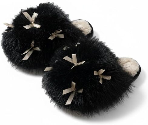 Comfortable bowknot home slippers with non-slip wavy-pattern soles and soft plush insoles. Available in pink, white and black. in Saudi Arabia