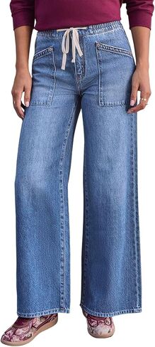Sidefeel Women's Wide Leg Jeans High Waisted Stretchy Baggy Elastic Waist Drawstring Ankle Denim Jeans with Pockets in Saudi Arabia