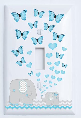 Blue Butterfly Hearts and Elephant Light Switch Plate and Outlet Covers Nursery Decor with Chevrons (Double Toggle) in Saudi Arabia