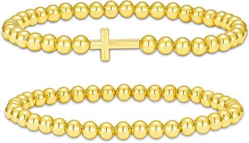 2Pcs Gold Silver Beaded Bracelets for Women Stretch Cross Bow Bead Bracelet Set Stackable Jewelry Gifts in Saudi Arabia