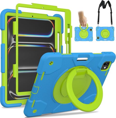 Case for iPad Pro 11 Inch M4 2024/M5 2025 Case, Heavy Duty Shockproof Cover with Screen Protector/360° Rotate Stand/Shoulder Strap/Pencil Holde (Navy+Green, iPad Pro M4/M5 11 inch) in Kuwait