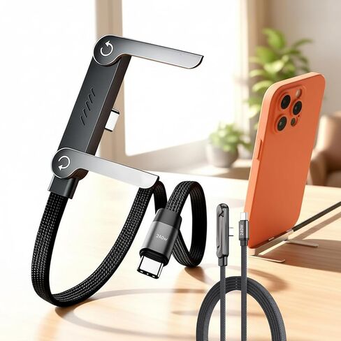 Invisible Holder Charger Cable with Stand, 240w Super Fast Charging 2-in-1 Fast Charging Cord & Multi-Angle Phone Stand for Gaming, Office, Car Travel, Type-C Charging-Cable (Black, 1.5m) in Saudi Arabia