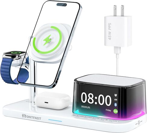 Qi2.2 25W Magnetic Wireless Charging Station, 5-in-1 Charger Stand with Bluetooth Speaker, Alarm Clock & Night Light for iPhone 12–17, Apple Watch, AirPods, Galaxy & Pixel (Qi) in Saudi Arabia