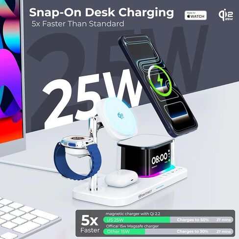 Qi2.2 25W Magnetic Wireless Charging Station, 5-in-1 Charger Stand with Bluetooth Speaker, Alarm Clock & Night Light for iPhone 12–17, Apple Watch, AirPods, Galaxy & Pixel (Qi) in Saudi Arabia