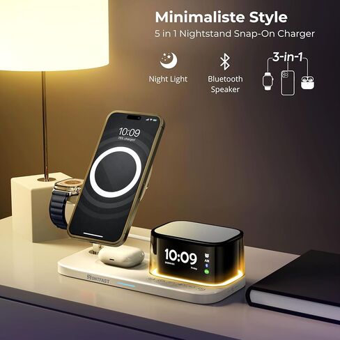 Qi2.2 25W Magnetic Wireless Charging Station, 5-in-1 Charger Stand with Bluetooth Speaker, Alarm Clock & Night Light for iPhone 12–17, Apple Watch, AirPods, Galaxy & Pixel (Qi) in Saudi Arabia