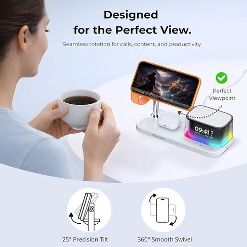 Qi2.2 25W Magnetic Wireless Charging Station, 5-in-1 Charger Stand with Bluetooth Speaker, Alarm Clock & Night Light for iPhone 12–17, Apple Watch, AirPods, Galaxy & Pixel (Qi) in Saudi Arabia