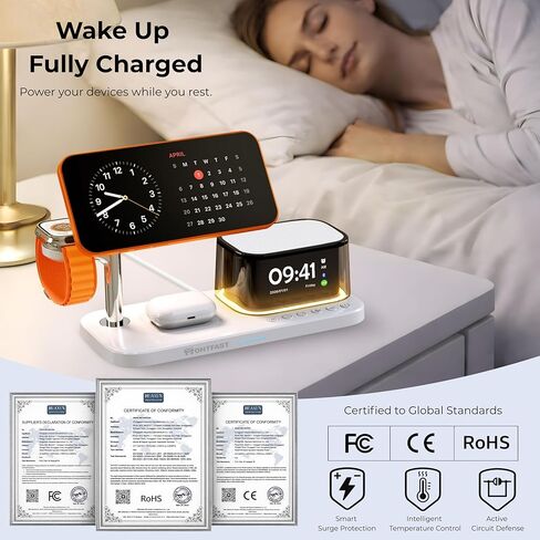 Qi2.2 25W Magnetic Wireless Charging Station, 5-in-1 Charger Stand with Bluetooth Speaker, Alarm Clock & Night Light for iPhone 12–17, Apple Watch, AirPods, Galaxy & Pixel (Qi) in Saudi Arabia