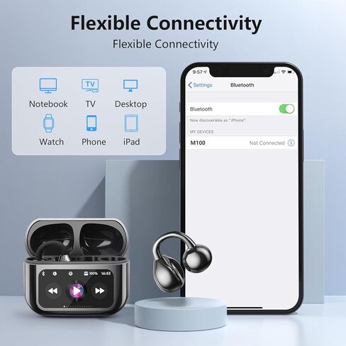 مشبك أذن مفتوح للغاية على سماعات الأذن، شاشة ملونة تعمل باللمس الذكية، سماعات رأس بلوتوث لاسلكية مفتوحة الأذن، سماعات أذن رياضية خفيفة الوزن ومريحة، ميكروفون مدمج IPX7، سماعات مقاومة للماء للجري واللياقة البدنية باللون الأسود in Kuwait