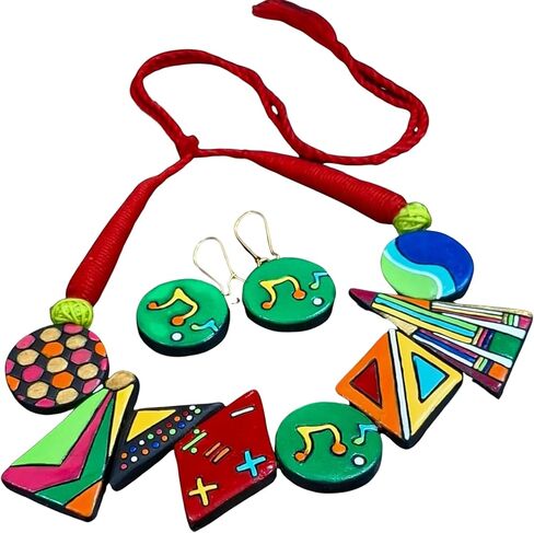 Bold Geometric Terracotta Jewelry Set | Hand-Painted Clay Necklace with Earrings | Artisan Handmade Statement Boho Jewelry for Women in Saudi Arabia