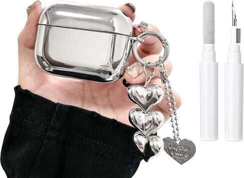 Compatible for AirPods Pro 3 Case Soft TPU with Cleaner Kit Cute Silver Fashion Buckle Pendant Aesthetics Design Shockproof Cover for Girls Woman for Airpods Pro 3 (2025)-Silver in Saudi Arabia