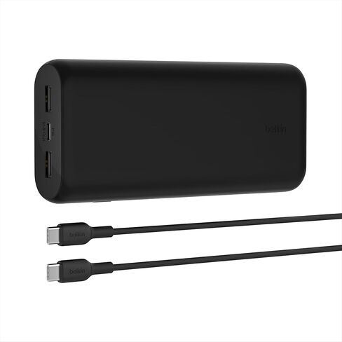 شاحن محمول من بيلكين، باور بانك بثلاثة منافذ - 12 بوصة. كابل USB-C إلى USB-C متضمن - 20000 مللي أمبير في الساعة مع PD 20 وات لهاتف iPhone 17 وAir وPro وPro Max وAirPods وNintendo Switch 2 والمزيد - Travel Essentials أسود in Saudi Arabia