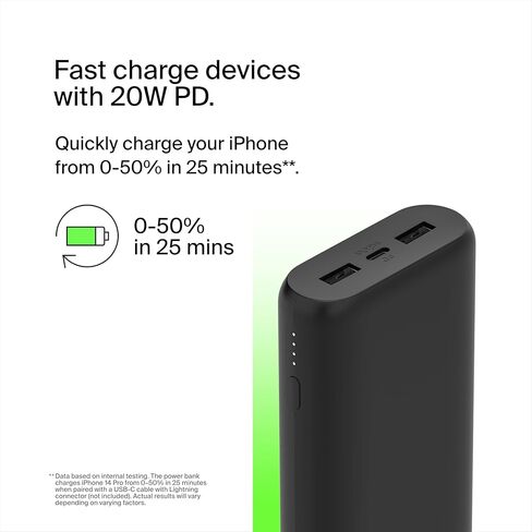 شاحن محمول من بيلكين، باور بانك بثلاثة منافذ - 12 بوصة. كابل USB-C إلى USB-C متضمن - 20000 مللي أمبير في الساعة مع PD 20 وات لهاتف iPhone 17 وAir وPro وPro Max وAirPods وNintendo Switch 2 والمزيد - Travel Essentials أسود in Saudi Arabia