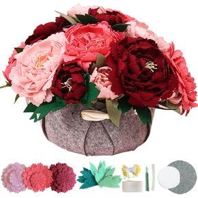 BAZIMA DIY Felt Flower Art Craft Kit, DIY Felt Peony Pot Bonsai Kit,18 Peonies,Floral Gifts,Beginner Craft Kit,Arrange Pre-Cut Felt Flowers and Foliage