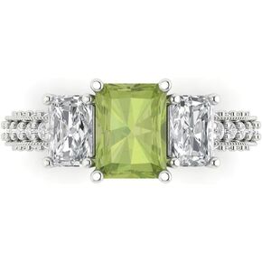 Clara Pucci 4.26 ct Emerald Cut Solitaire 3 stone Genuine Natural Peridot Engagement Promise Anniversary Bridal Ring 18K White Gold