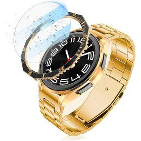 BabyValley Compatible with Samsung Galaxy Watch 6 Classic 47mm Case, Hard PC Protective Bumper Case + Tempered Glass Screen Protector Film for Galaxy Watch 6 Classic 47mm (not for 43mm) (Black/Gold)