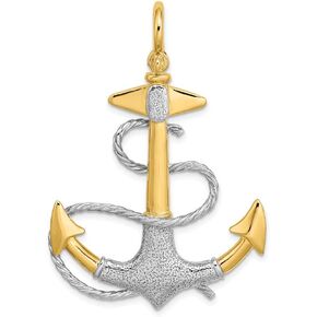 Solid 14k Yellow Gold Two Toned 3-D Anchor White Rope Shackle Bail Charm Pendant - 48mm x 34mm