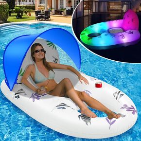 Sinbyuer Inflatable Pool Float Lounger with Color Changing Lights, Solar Powered Adult Pool Float with Canopy, Floating Pool Lounge Float with Cup Holder, Large Pool Float Chair Pool Rafts for Adults