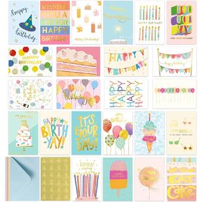 24 Unique Gold Foil Happy Birthday Cards - Bulk Assortment with Colored Envelopes, 4 x 6 In, Holographic Birthday Cards Assortment in Bulk for Family, Kids, Friends, Work & Office Celebrations