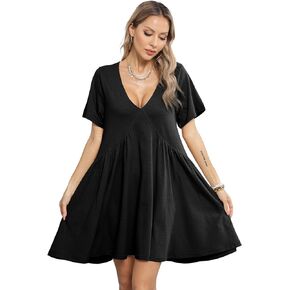 Watashi Women's Summer Short Sleeve Mini Dress V-Neck Casual Loose Pleated Dress Doll Neck Short Dress with Pockets