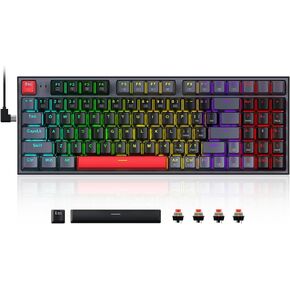 Redragon Mechanical Gaming Keyboard, Wired Mechanical Keyboard with 94 Keys, Programmable Macro Editing, Numeric Pad, Red Switches, Compact Keyboard Mechanical for Pc Mac Ipad, Black Gray