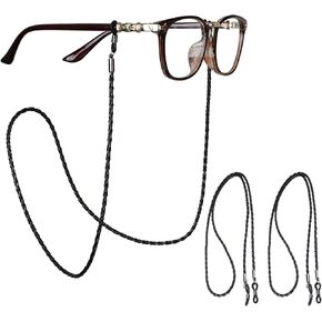 Jawfait 3Pcs Black Leather Eyeglass Chain, Cross Braided Classic Eye Glasses Holders, Durable Anti-Slip Eyeglasses Strap, Around Neck Lanyard Suitable for Masks Face Shields Glasses Sunglasses(28in)