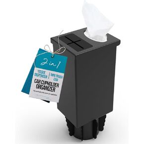Superior Essentials Car Tissue Holder with Car Garbage Can - Elegant 2 in 1 Car Tissue Box Holder and Mini Trash Can for Car Cup Holder (Black)