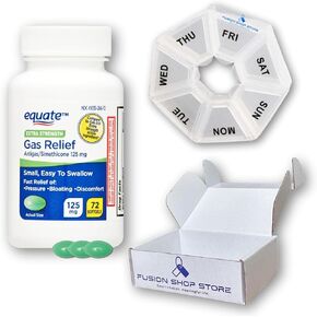 Gas Relief for Adults, Equate Simethicone 125 mg, Extra Strength Softgels, 72 Count (1) Set with Fusion Shop Store Week Case (1)