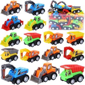 DERTE 15 Pieces Mini Construction Car Toys Pull Back Vehicles Excavator Truck Tractor Kids Party Favors Pinata Stuffers Easter Fillers for Toddlers Girls Boys Child Play Set Gifts