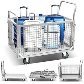 Datanly Platform Truck Cart with Cage, Large Foldable Flat Cart Heavy Duty Push Cart Dolly Load 1600lbs Hand Truck Dolly Cart with Swivel Casters Flatbed Cart for Grocery Moving Laundry (39" x 24")