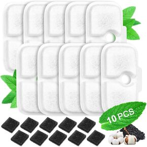 10 Pack Replacement Cat Fountain Filters Compatible with 2.5L/84oz Dockstream Cat Fountain PLWF005/PLWF115/PLWF105,10 Pcs Triple Action Pet Fountain Filter and 10 Pcs Pre-Filter Sponges