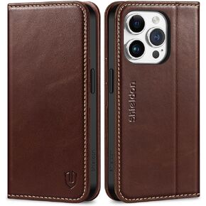 SHIELDON Case for iPhone 15 Pro 5G 6.1", Genuine Leather iPhone 15 Pro Wallet Case Flip Cover RFID Blocking Card Slots Magnetic Closure Shock-Absorbent Case Compatible with iPhone 15 Pro 2023 - Black