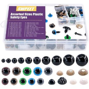 Swpeet 346Pcs 12 Assorted Sizes 5mm-12mm 6 Colors Plastic Safety Eyes with Washer and 40Pcs 2 Sizes 12mm 15mm Noses Set for Doll, Puppet, Plush Animal Making and Teddy Bear