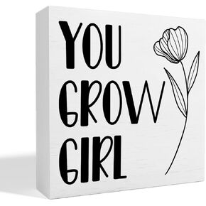 Nursery Table Decor for Girls, Nursery Newborn Baby Girls Bedroom Desk Decor Nursery Decoration for Toddler Kids Room Playroom, You Grow Girl, Wooden Box Sign