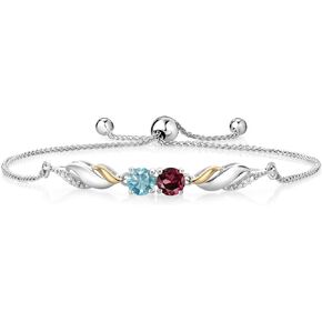 Gem Stone King 1.47 Ct Red Rhodolite Garnet Blue Zircon 925 Silver and 10K Yellow Gold Lab Grown Diamond Bracelet For Women