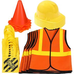 48 Pcs Kids Construction Birthday Party Supplies Worker Costume Role Play Construction Hats and Vests for Kids Tote Bag and Traffic Cones for Dress up Supplies