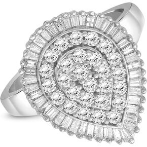 JEWELEXCESS White Diamond 1 Carat Ring with Sterling Silver or 14K Gold over Silver for Women & Girls | Teardrop Halo Promise Ring with Round & Baguette Cut Diamonds