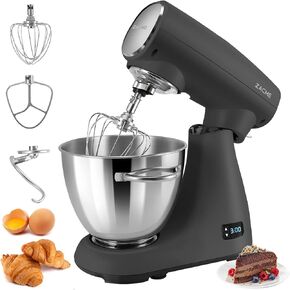 ZACME Mixers Kitchen Electric Stand Mixer, Aluminum die casting and Gears, 1 Hour Continuous Operation, Dual Cooling System, Low Noise DC Motor, LED Display and Timing Function, 600W 5.5QT, Food Grade