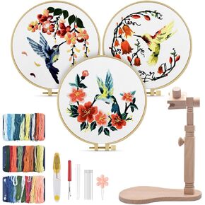 TINDTOP Beech Wood Embroidery Hoop Stand, with 3pcs Embroidery Hoops (3inch + 6inch + 8inch), Adjustable Rotated Wooden Embroidery Hoop Holder for Cross Stitch and Embroidery Projects