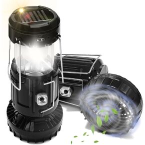 Solar Powered Camping Fan w/ Lantern, DIBMS Collapsible Solar Powered USB Rechargeable & Battery Powered Emergency Hanging Lights for Camping Tent Hurricanes Power Outages Storm Indoor Outdoor 2-Pack