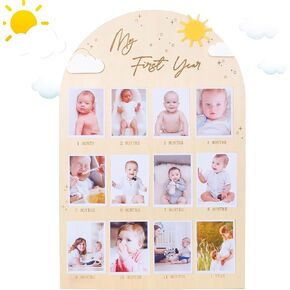 My First Year Photo Board - Baby First Birthday Photo Display Wood Board, Sun Theme Monthly Milestone Photo Board, You Are My Sunshine 1st Birthday Decoration, 12 Months Photo Frame