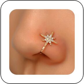 Andelaisi Punk Crystal Star Nose Ring Gold Star Fake Nose Ring Vintage CZ Star Nose Cuff Hoop Ring Non Pierced Nose Ring Gothic Clip On Nose Ring Jewelry for Women and Girls