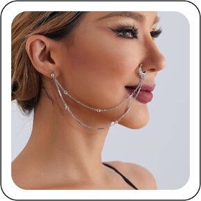 Zeshimb Nose to Ear Chain Jewelry for Women Fake Nose Ring Hoop with Crystal Chain Tassel Indian Rhinestone Nose Ring Studs Non-Piercing Nostril Body Costume Outfit Accessories for Teen Girls