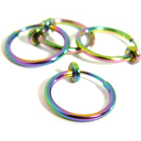 4 Rainbow Ion 304 Grade Stainless Steel Clip on Hoops with Spring Closure for Fake Hoop Earrings or Body/Nose Piercings