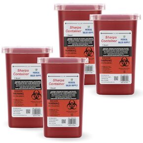 1 Quart | Biohazard Needle and Syringe Disposal Sharps Container with Flip Lid | for Diabetics - Pack of 4