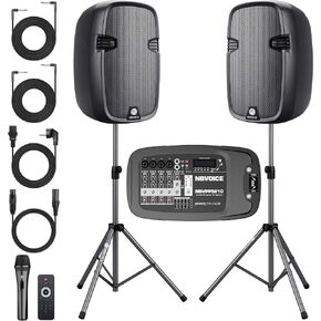 NBVOICE Professional PA System with 8-Channel Mixer DJ Bundle, 10" 600W Portabel Speakers 2-Way Wireless Bluetooth Sound System with USB SD XLR 1/4" RCA inputs-Home/OutdoorParty